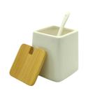 Saleiro Cerâmica Branco Tampa Bambu C/ Colher Açucareiro