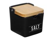 Saleiro Manhattan Em Porcelana Com Colher Tampa Em Bambu Salt Preto Ou Branco Mesa Posta Servir Sal