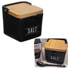 Saleiro Porcelana de Cozinha Porta Temperos e Condimentos com Tampa de Bambu e Colher Luxo