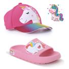 Sandália Chinelo Infantil Unicórnio Slide Menina + Boné 3D