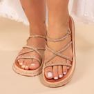 Sandália Feminina Brilho Tiras Cruzadas Strass Papete Confortável Fivela Flatform Rasteira Casual Dia a Dia Sandália Feminina Brilho Tiras Cruzadas Strass Papete Confortável Fivela Flatform Rasteira Casual Dia a Dia