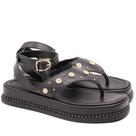 Sandália Feminina Flat Preto com Tachas e Fivela Conforto Casual Antiderrapante