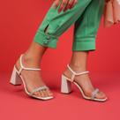 Sandália Feminina Salto Bloco Alto Off White Elastico Strass