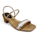 Sandália Feminina Salto Bloco Dourado com Detalhes Brancos