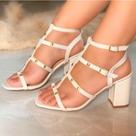 Sandália Feminina Salto Grosso Baixo Bloco Duas Pulseiras Com Spikes Off White