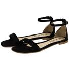 Sandália Rasteira Feminina Tira Abotoar Camurça Preto Sandália Rasteira Feminina Tira Abotoar Camurça Preto