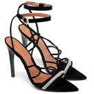 Sandália Salto Alto Bico Folha Nobuck Preto Tira Strass Sandália Salto Alto Bico Folha Nobuck Preto Tira Strass