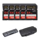 SanDisk Cartão de Memória Extreme PRO 64GB UHS-I SDXC V30 200MB/s (Pacote com 5 Unidades) com Estojo Resistente para Armazenamento e Leitor de Cartão SD Dual Slot OTG com Carcaça de Alumínio 2 em 1 (7 Itens)
