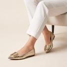 Sapatilha Feminina Confortável Dourado Luxo Elegante Sapato Feminino Mocassim Bico Fino Enfeite
