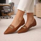 Sapatilha Feminina Confortável Luxo Mocassim Sapato Feminino Bico Fino Caramelo Strass Para Dia a Dia