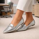 Sapatilha Feminina Confortável Luxo Mocassim Sapato Feminino Bico Fino Prata Strass Para Dia a Dia