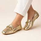 Sapatilha Mocassim Feminina Dourado Bico Quadrado com Corrente Elegante Confortável