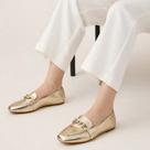 Sapatilha Mocassim Feminina Dourado Bico Quadrado com Corrente Elegante Confortável