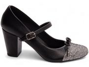 Sapato Boneca Mary Jane Preto E Glitter Prata Laço E Fivela
