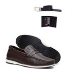 Sapato Casual Masculino Mocassim Em Couro Ganhe Kit Cinto E Carteira