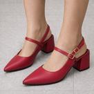 Sapato Scarpin Slingback Feminino Salto Bloco Bico Fino Elegante com Fivela Ajustável no Tornozelo C