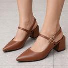 Sapato Scarpin Slingback Feminino Salto Bloco Bico Fino Elegante com Fivela Ajustável no Tornozelo C