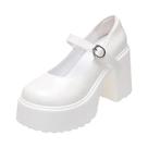 Sapatos Femininos De Plataforma Chunky Com Salto Alto Em Couro PU Branco Com Fivela No Tornozelo
