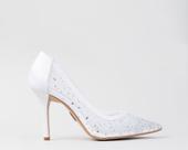 Scarpin CBK Salto Alto Fino Tela Branco Cristais