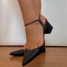 Scarpin Feminino Bico Fino Salto Grosso 5cm Ajustável Strass Sola em Gel Moda Evangélica