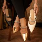 Scarpin mule conforto com tira de strass salto bloco 5 cm