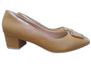 Scarpin Usaflex Couro Tan Salto Bloco Enfeite Dourado