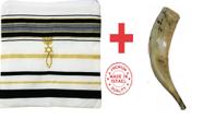 Shofar De Chifre De Carneiro + Talit Messiânico Azul - Original De Israel