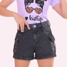 Short Cargo Jeans Infantil Menina Juvenil Cintura Alta Bolso Laterais Casual