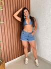 Short Feminino Jeans Strass Brilho Barra Desfiada D Vest Cor:AzulTamanho:36