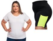 Short Feminino Plus Size Bermuda Fitness Academia Caminhada E Blusa Blusinha Lisa Basica Gola V