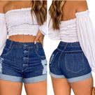 Short Jeans Feminino 4 botões Azul Marinho Cós Alto Bermuda Tendencia Moda