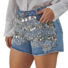 Short Jeans Feminino Com Bordado Manual Em Pedrarias.