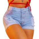 Short Jeans Feminino HD Lavagem Clara Cintura Alta Com Botões Cobertos Estilo Destroyed Barra Dobrada