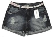 Short Jeans Rastros Dagua Rasgada Puída Cós Médio Com Cinto