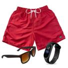 Short Praia Bermuda Mauricinho Vermelho Neon + Relógio + Óculos