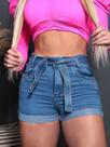 Short premium denin white barra dobrada cinto costurado bolso faca levanta bumbum laycra blogueira