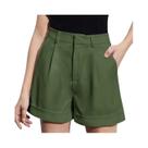 Shorts Casuais Femininos plus Size Verde Oliva De Cintura Alta, Tecido, Caimento Solto, Comprimento