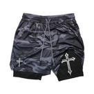 Shorts De Corrida Masculinos Com Estampa De Cruz Cristã 2 Em 1 Para Treino, Academia E Atletismo Com