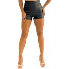 shorts feminino curto de material sintético PU com fechamento em ziper na lateral