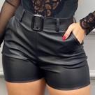 Shorts Feminino material ecológico Sintético Premium Cintura Alta com Bolsos Elegante Moda Casual