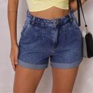 Shorts Jeans Cintura Alta Com Pregas Feminino Revanche Avêntico