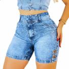 Shorts Jeans Feminino Com Ilhós Lavagem Marmorizado Cintura Alta Cós Alto Barra Dobrada da Moda Shorts Jeans Feminino Com Ilhós Lavagem Marmorizado Cintura Alta Cós Alto Barra Dobrada da Moda