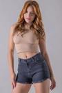 Shorts Preto Jeans Feminino Cintura Alta Barra Desfiada - Bivik Jeans
