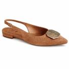 Slingback Feminino Camurça Caramelo Vintage com Adorno Metálico Clássico