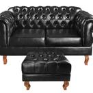 Sofá 2 Lugares com Puff Duquesa Decoração Sara Recepção Chesterfield Preto
