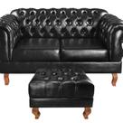 Sofá 2 Lugares com Puff Duquesa Decoração Sara Recepção Chesterfield Preto