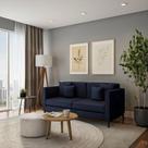 Sofá 3 Lugares Benício Base de Madeira Linho Cotton Azul Marinho.