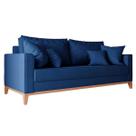 Sofá 3 Lugares Beny Base em Madeira Maciça Recepção Linho Azul Marinho Kimi Design