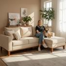 Sofá 3 Lugares Beny com Chaise Direito Suede Bege