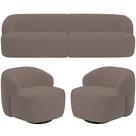 Sofá 3 Lugares Curvo Orgânico com 02 Poltronas Para Sala Living 220cm Barolo L06 Veludo Marrom - Lyam Decor